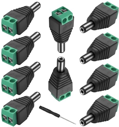 MEIRIYFA 12V DC Male Adapter Plug 5.5mm x 2.1mm, DC Power Connector 5.5 x 2.1mm Male Plug to 2 Pin Female Bolt Screw Type Solderless Terminals for CCTV Security Camera (10 Pack)