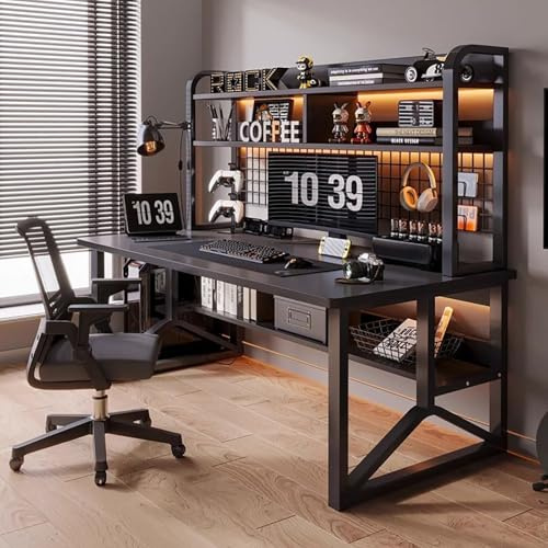 CUCKQUIC Gaming Desk, 2-Tier Home Multipurpose Desktop Bookshelf, Large PC Table Computer Desk with Shelves,Multifunctional Workbench,Study Writing Workstation A,80x50x150cm