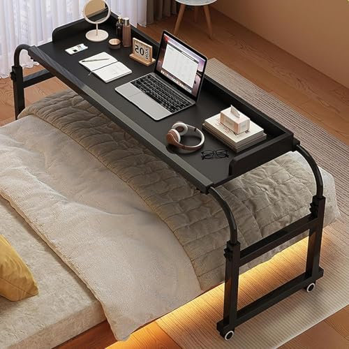 Mobiler Nachttisch mit Rollen, höhenverstellbar 65–95 cm, Computertisch, Steharbeitsplatz, Essenstablett, Schreibtisch, rollbarer medizinischer Tisch für Einzel-/Doppel-/Queensize-/Kingsize-Bettr