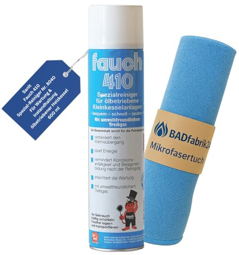 BADfabrik24 Fauch 410 Spezial-Reiniger Nr. 8040 für Öl-Kesselanlagen 600 ml + Mikrofasertuch 40×40 cm – entfernt Sulfatbeläge, haftender Schaum, reduziert Korrosion