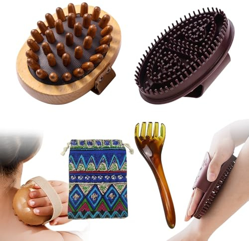 4PCS Wooden Meridian Massage Brush, Dry Brushing Body Brush Lymphatic Drainage for Cellulite, Handheld Massage Tools for Full Body Relieve Muscle with Five-Claw Massage Comb & Storage Bag