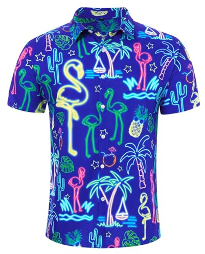 ALISISTER Chemise hawaïenne pour Homme, Motif Flamant Rose Fluo 3D Amusant, Manches Courtes, Style Tropical, boutonnée, été, Taille L