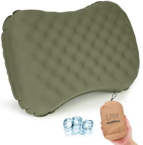 UWILLION Camping Pillow with Ice Silk Memory Foam Cover - Ultralight Inflatable Pillow for Camping Lightweight, Ergonomic and Washable for Camping, Hiking, and Travel Green
