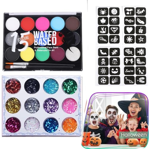AYNKH 33 Teiliges Wasserbasiertes Ungiftiges Kinder-Make Up Kit mit Haarkreide, 15-farbiges Kinder-Make-up-Set, Pinseln, Körper- und Gesichtsmalen, schnell trocknend, ideal für Halloween, Karneval, Ma
