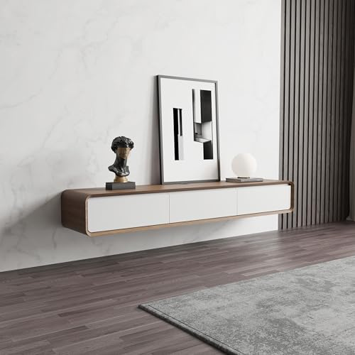 POVISON Schwebender TV-Schrank, 180cm, moderne Weiß Walnussholz, aus Massivholz mit 3 Schubladen, TV-Low-Panel-Aufhängung, Kabelmanagement, hochwertig, komplettes Möbel mit Stauraum für das Wohnzimmer