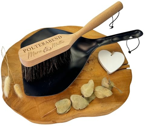 Generisch Geschenk zum Polterabend  | JGA | Personalisiertes Kehrblech & Handfeger Set – Buchenholz mit Pferdeborsten, Schwarz – mit Gravur • Hochzeit • Geschenk mit Namen & Datum - Weeding
