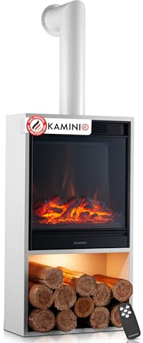 KAMINIO Chimenea eléctrica Hugo con Tubo de Chimenea - Estufa de Chimenea con calefacción, Efecto Llama 3D, Luz Ambiental LED, Compartimento de Madera, Control Remoto (Blanco)