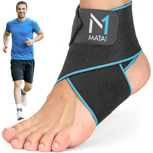 Mata1 - Chevillère pour hommes et femmes - Noir/bleu - Bandage pour pied pour fasciite plantaire, entorse, soutien du tendon d'Achille et tendinite - Manchon de compression réglable