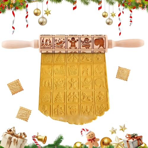 HOVCEH Holz Teigroller, 35 * 4.5 cm Nudelholz mit Muster weihnachten, teigroller weihnachten, nudelholz weihnachten, keksroller mit muster, 3D Holz Nudelholz für DIY, Teig, Pizza, Keks, Kuchen