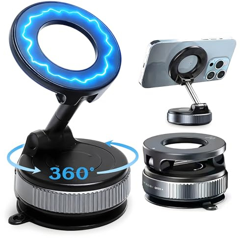 VOSSOT Ventouse Support Telephone Voiture Magnetique Pliable, Support Telephone Voiture Magnetique pour Magsafe, Rotatif à 360 Portable Aimanté Voiture avec Ventouse Puissante Magnétique