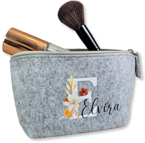 Kosmetiktasche klein grau personalisiert mit Name & Initial | Schminktasche Filz 21,5x12x7 cm | Geschenkidee Frauen (Grau Blumen Initial, klein)