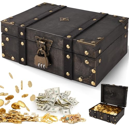 Otauoaea Aufbewahrung Schatzkiste mit Schloss, Vintage Holz Schatztruhe, Holz Schatztruhe kindergeburtstag Schatzkiste kindermit Deckel Piratenkiste für Aufbewahren und Dekorieren Geschenke,Grau