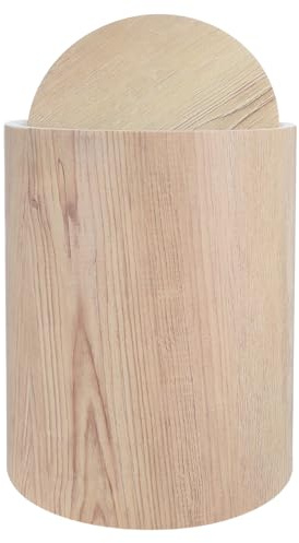 Poubelle de Bureau Vintage en Plastique Beige à Couvercle Rabattable | Finition Effet Bois, Forme Ronde, Fonctionnement Silencieux, Format Peu Encombrant pour Chambre Cuisine