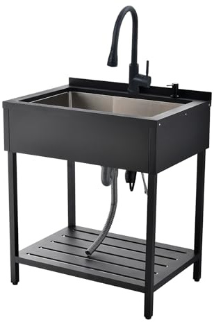 WMXQX Black Stainless Steel Utility Sink, 30.7x21.65 x35 Freestanding Sink with Faucet Large Laundry Utility Sinks 16 Gauge Single Bowl Commericial Sinks for Kitchen Laundry Room Outdoor Garage