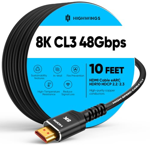 Highwings 10K 8K HDMI Cable 3M/10FT,CL3 Rated HDMI Cable,Ultra High Speed | In-Wall CL3 Rated, 8K@60Hz 4K@120Hz Video, 48Gbps, HDMI Lead eARC HDR10 HDCP 2.2/2.3, Compatible Laptop/PC/HDTV/Projectors