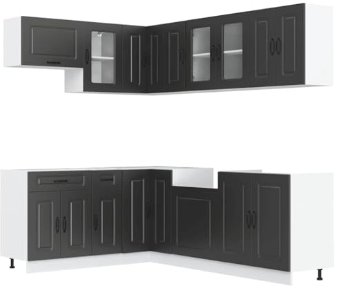HETFTJN Kalmar Küchenzeile 11-TLG 80×46×81,5 cm Schwarz, Holzwerkstoff, Eck-Küche mit Spülen- & Hängeschränken