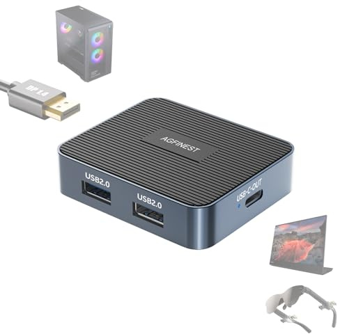 AGFINEST DisplayPort 1.4 auf USB-C Adapter, 4K@120Hz 2K@240Hz HDR 10-Bit, Unidirektional Konverter mit 3-Port USB Hub, Aluminiumgehäuse, kompatibel mit AR-Brille XREAL VITUR Rayneo, tragbare Monitore