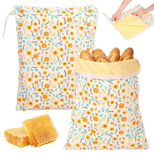 2 Stück Bienenwachs Brotbeutel 43cm×33cm, wiederverwendbare Brotsack zum Frischhalten mit L-Reißverschluss und Griff, Brot Frischhaltebeutel, natürliche Bienenwachsbeutel für Brot (Blumen)