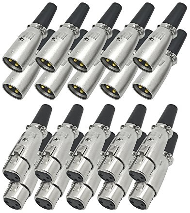 ARLI 20x XLR Set – 10x Stecker + 10x Kupplung 3-polig vergoldet mit Zugentlastung für Mikrofon Kabel Audio Studio Bühne