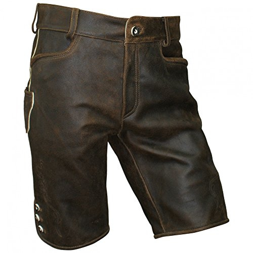 Lederhose kurz braun speckig Antik-Patina Trachten Leder Hose Trachtenlederhose Reißverschluß Zipp Hornknöpfe weiches Wildbockleder Herren (auch Damen) Freizeit und Wandern