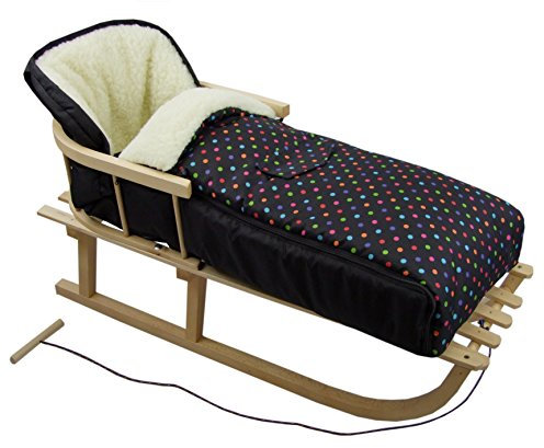 BAMBINIWELT Kombi-erbjudande träsläde med ryggstöd och drag-rep universell vinterryggsäck (108 cm), även lämplig som babystol, barnvagn, barnvagn, tillverkad av ull. Svarta vita punkter