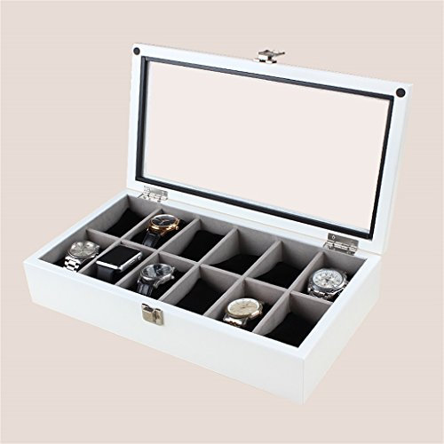 Exquisite Holz Uhrenbox - Display Stand/Box Set/Aufbewahrungsbox für Schmuck Uhren - 12 Grids Watch Display Box mit Glasdeckel (Farbe : Weiß)