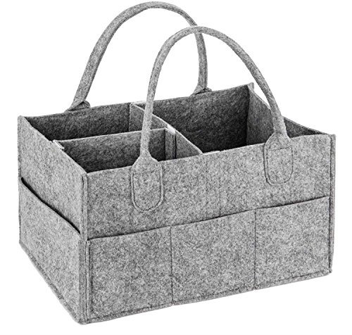 MaidMAX Baby Windel Caddy Filztasche, tragbarer Wickeltisch Organizer Multifunktionale Wickeltasche, Filzkorb Aufbewahrungsbox mit wechselbaren Fächer für Kinderzimmer, Auto und Reise, Holzkorb-Grau
