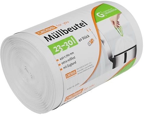 DEISS Sac Poubelle 30 L Compatible Brabantia taille G, 23 à 30 l – 440×760 mm, Blanc HDPE 24 µm, avec Cordon – Rouleau de 40 Sacs