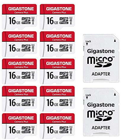 Gigastone Speicherkarte 16 GB, 10 Stück, Kamera Plus Serie, Geschwindigkeit bis zu 85 MB/s. Ideal für Full HD Video Gopro Kamera Drohne U1 C10 Micro SDHC Karte mit Mini Tasche und SD-Adapter.