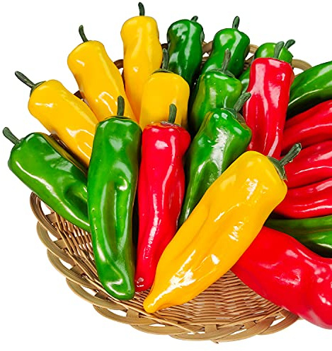 Lorigun 12Pcs Artificial Chili Fake Pepper Colorful Chili for Decoration Faux Vegetables Photo Props Home Kitchen Decoration Children Teaching Props(Red+Yellow+Green)