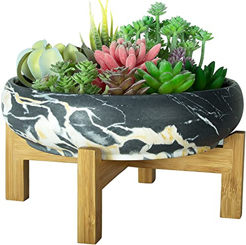 ARTKETTY Succulent Plant Pot, 25.5 CM Large Bonsai Pots with Drainage Stand, Shallow Marble Cactus Plant Pot Ceramic Pots for Indoor/Outdoor Succulent Plants Decorative Garden Flower Plant Bowl