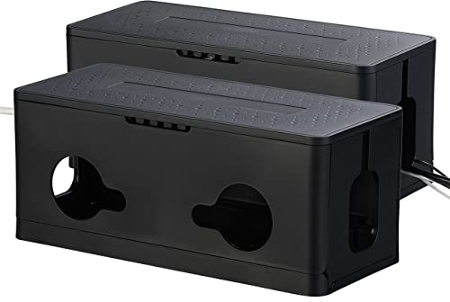 Callstel Steckdosenleiste Box: 2er-Set Kabel- & Steckdosen-Box mit Kabelschlitzen, Belüftung, schwarz (Kabel-Aufbewahrungssystem, für Mehrfachsteckdose)