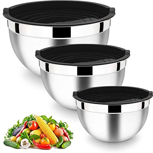 HaWare Set di 3 ciotole per insalata, in acciaio inox, con coperchio ermetico, perfette per cottura/cucina/preparazione, impilabili e lavabili in lavastoviglie, 4,5 l, 2,7 l, 1,5 l, colore nero