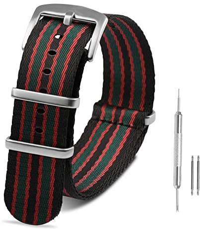 RoYiio Nato klockarmband för stötdämpningsbredd 20 mm, spänne i rostfritt stål, bekvämt andas, premium ballistiskt nylonband för kvinnor och män – svart röd grön