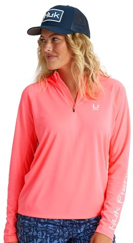 HUK Womens Icon X Hoodie, Fishing Shirt with Sun Protection for Women, Neon Coral, Medium
