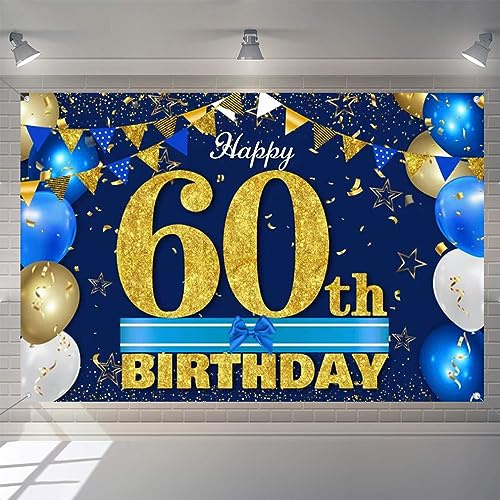 60. Geburtstag Deko für Männer/Damen, 60 Geburtstag Stoff Schild Plakat 60. Jubiläumsparty Hintergrund Banner Geburtstagsdeko Blau und Gold, 1,5m