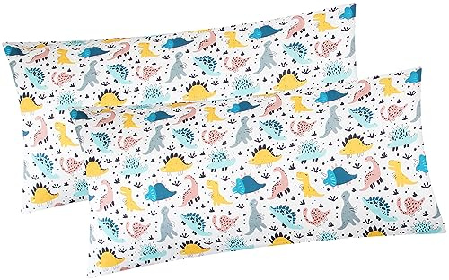 Renforcé Kissenbezug 2er Set 40x80cm 100% Baumwolle Dino (KY-Dinos-40x80) | Kissenhülle, Dekokissenbezug, Kinder, Reißverschluss, Kopfkissen-Bezug