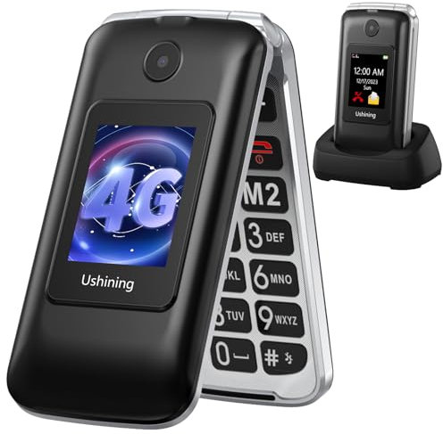 USHINING Telefono Cellulare Anziani 4G, Cellulare per Anziani Tasti Grandi a Conchiglia con Doppio Schermo da 2,8 e 1,77 Pollici Volume Alto Pulsante SOS Base di Ricarica Chiamata Rapida Sveglia, Nero