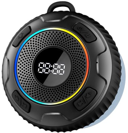 Bluetooth Shower Speaker, Portable Speaker Bluetooth 5.3 with Deep Bass Sound, Built-In Mic, Mini Wireless Speaker IP7 Waterproof with Suction Cup LED Display, USB-C RGB Lights for Home Outdoors Black