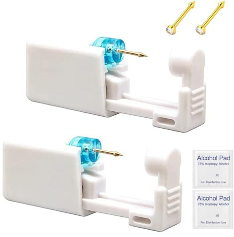 SIEISIEIX Nose Piercing kit, 2 Pack Disposable Sterile Nose Piercing Kit Tool with 2 Nose Studs, Safety Portable Self Nose Piercing Gun Set