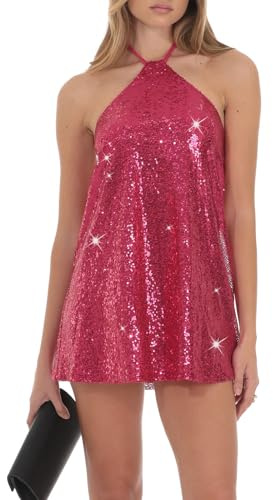 hibshaby Women's Glitter Sequin Dress Halter Neck Party Cocktail Sparkly Mini Dress Clubwear Red