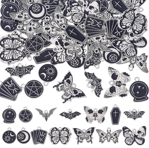 HOBBIESAY 56Pcs 14 Styles Alloy Gothic Charms Black Halloween Charms Butterfly Star Moon Sun Cross Pendants for Bracelet Necklace Earring Jewelry Making Hole: 1.8-2mm