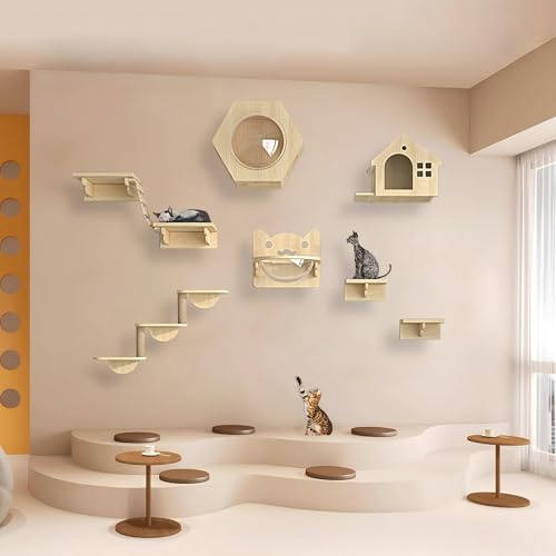 KEJIAWU Kletterwand Katzen Holz, Katzen Kletterwand, Katzenregale und Sitzstangen for die Wand, Platzsparende DIY-Katzen-Kletterwand zum Klettern, Schlafen und Spielen(9PCS)