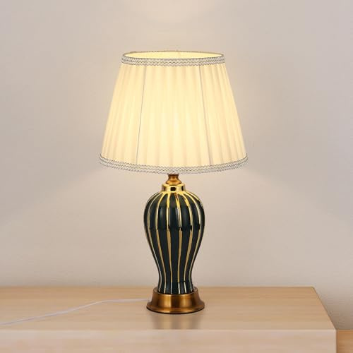 HvKvHvY LáMpara De Mesa Moderna E27 LáMpara Nocturna De CeráMica Retro LáMpara De Mesa De Tela Blanca IluminacióN Decorativa De La Sala De Estar Dormitorio Estudio Lectura LáMpara De Cabecera, Verde