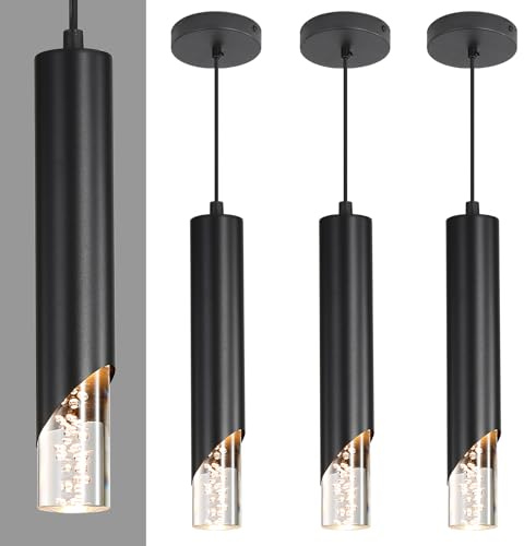 3 Pack Minimalist Kitchen Island Pendant Lights, Black Modern Linear Hanging Light Fixture, Bubble Acrylic, Adjustable 2700K/4500K/6500K, LED Ceiling Lamp for Dining Room, Bedside, Bathroom, Bar