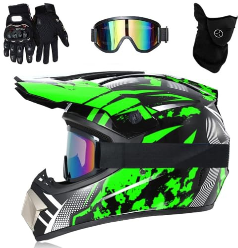 Casque IntéGral VTT/Cross, Casque de Moto Tout-Terrain DOT Pour Jeunes Enfants, Avec Lunettes, Gants Et Masque, Casque de Descente, Bmx, Quad, Dirt Bike(Dark green,S(52-53cm))