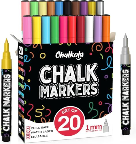 Chalkola 20 Kreidestifte für Tafel Abwaschbar – Kreidemarker für Fenster | Kreidestift dünn, 1mm Spitze – Neon, Pastell, Metallic, Chalk Marker für Spiegel, Bistro & Auto, Tafelstifte & Glasstift