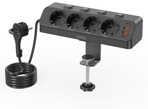 FDTEK Grenuttag Med 4 Separata Brytare & USB-C PD 20W (4000 W/16 A), Platt Bordskontakt Med 2 M Kabel, Hörnuttag För Hemma Och Kontor, Svart