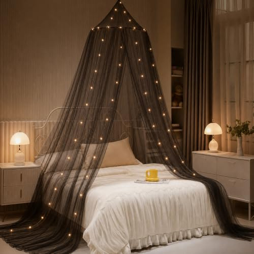 Bed Canopy with Lights, Bed Canopy for Girls Princess with Luminous Stars, Canopy Bed Curtains for Twin to King Size Bed, Baby Kids Adult Indoor Decor Bedroom Reading Nook Halloween Decoration (Black)