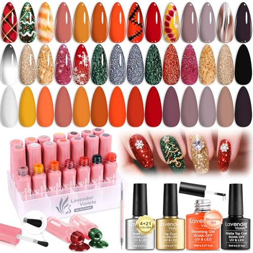 Gel Nail Polish Christmas Set 21+4 Festive Blooming Gel with Marble & Glitter Designs Elegant Holiday Nails with Base Coat, Glossy/Matte Top Coat & Liner Brush | DIY Party Nail Art Gifts for Women